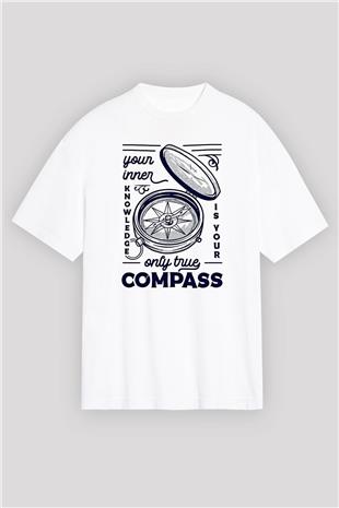 Orienteering Baskılı Unisex Beyaz Oversize Tişört - Tshirt