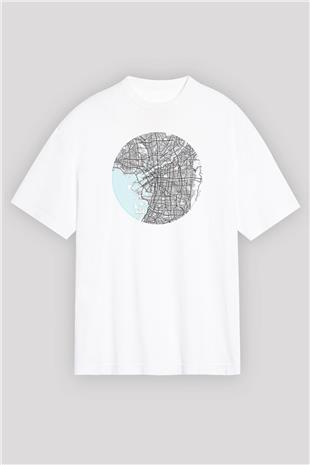 Orienteering Baskılı Unisex Beyaz Oversize Tişört - Tshirt