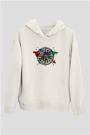 Orienteering Baskılı Unisex Ekru Hoodie