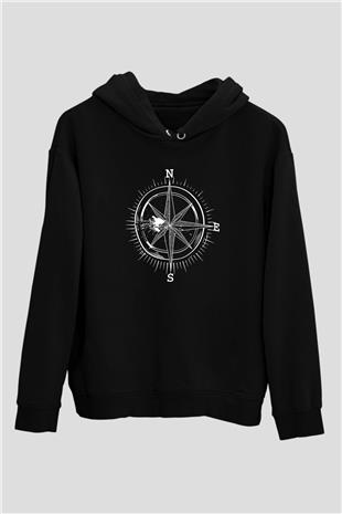 Orienteering Baskılı Unisex Siyah Kapüşonlu Sweatshirt