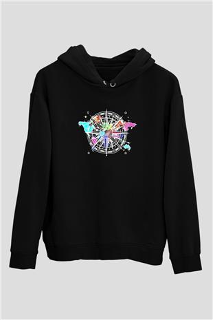 Orienteering Baskılı Unisex Siyah Kapüşonlu Sweatshirt