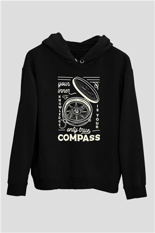 Orienteering Baskılı Unisex Siyah Kapüşonlu Sweatshirt