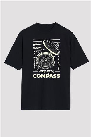 Orienteering Baskılı Unisex Siyah Oversize Tişört