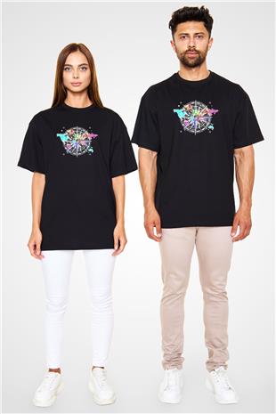 Orienteering Baskılı Unisex Siyah Oversize Tişört
