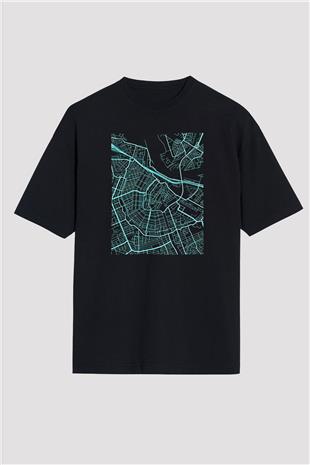 Orienteering Baskılı Unisex Siyah Oversize Tişört