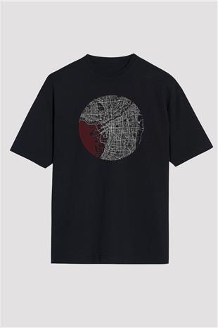 Orienteering Baskılı Unisex Siyah Oversize Tişört