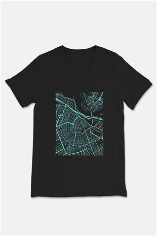 Orienteering Baskılı Unisex Siyah V Yaka Tişört