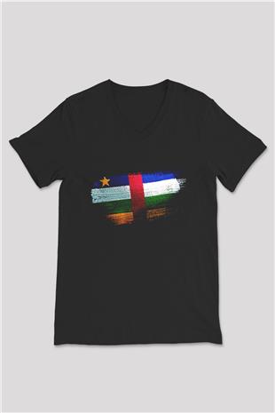 Orta Afrika Cumhuriyeti - Central African Republic Bayrağı Baskılı Unisex Siyah V Yaka Tişört