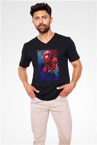 Örümcek Baskılı Unisex Siyah  V Yaka Tişört