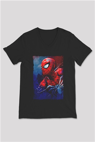 Örümcek Baskılı Unisex Siyah  V Yaka Tişört