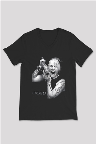 Otep Baskılı Unisex Siyah V Yaka Tişört - Tshirt