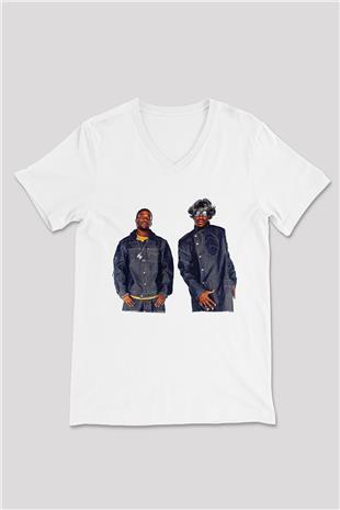 OutKast Baskılı Beyaz Unisex V Yaka Tişört - Tshirt