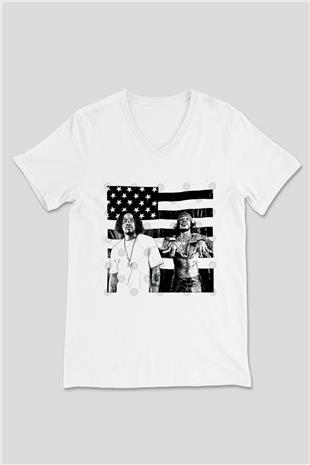 OutKast Baskılı Beyaz Unisex V Yaka Tişört - Tshirt