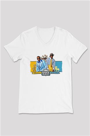 OutKast Baskılı Beyaz Unisex V Yaka Tişört - Tshirt