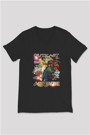OutKast Baskılı Unisex Siyah V Yaka Tişört - Tshirt