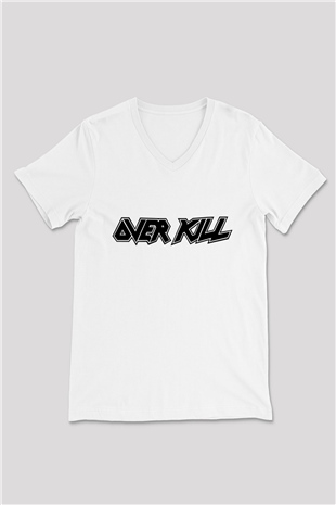 Overkill Beyaz Unisex V Yaka Tişört T-Shirt