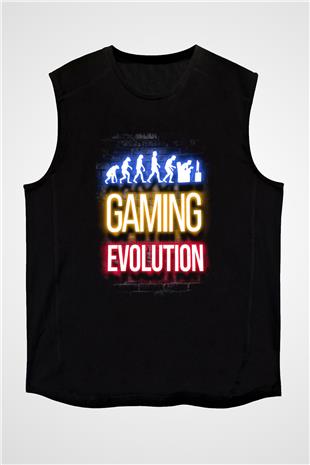 Oyuncu Evrimi Baskılı Unisex Kolsuz Siyah Tişört - Tshirt