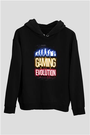 Oyuncu Evrimi Baskılı Unisex Siyah Kapüşonlu Sweatshirt