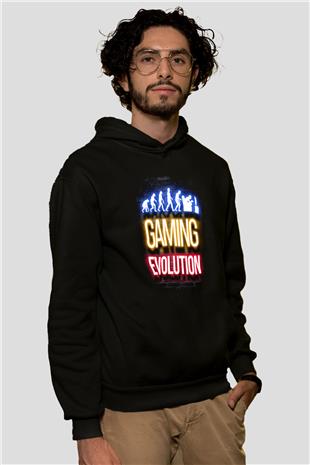 Oyuncu Evrimi Baskılı Unisex Siyah Kapüşonlu Sweatshirt