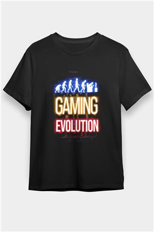 Oyuncu Evrimi Baskılı Unisex Siyah Tişört - Tshirt