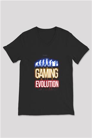 Oyuncu Evrimi Baskılı Unisex V Yaka Siyah Tİşört - Tshirt