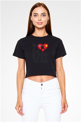 Paintball Baskılı Crop Top Siyah Kadın Tişört - Tshirt