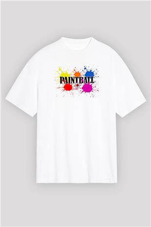 Paintball Baskılı Unisex Beyaz Oversize Tişört - Tshirt