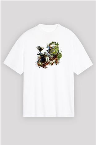 Paintball Baskılı Unisex Beyaz Oversize Tişört - Tshirt