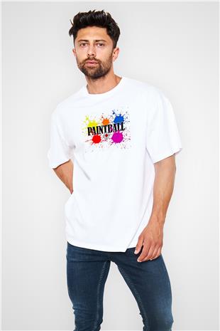 Paintball Baskılı Unisex Beyaz Oversize Tişört - Tshirt
