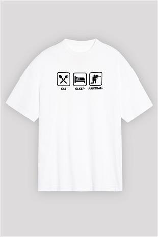 Paintball Baskılı Unisex Beyaz Oversize Tişört - Tshirt