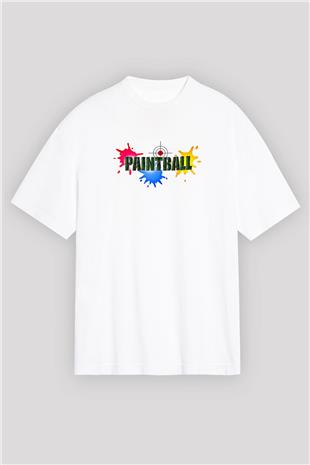 Paintball Baskılı Unisex Beyaz Oversize Tişört - Tshirt