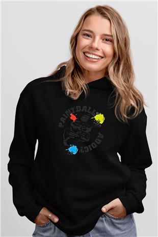 Paintball Baskılı Unisex Siyah Kapüşonlu Sweatshirt