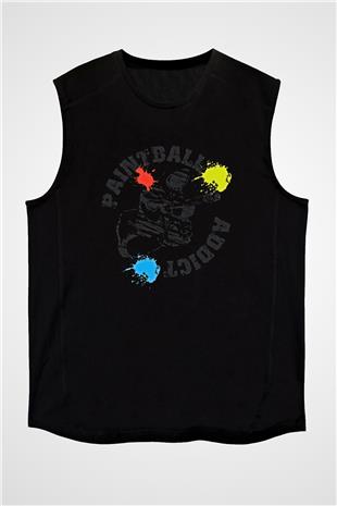 Paintball Baskılı Unisex Siyah Kolsuz Tişört