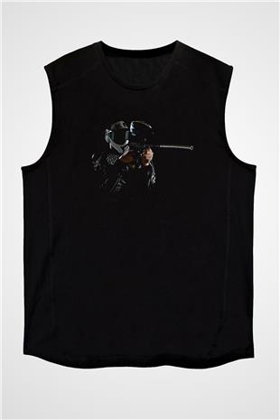 Paintball Baskılı Unisex Siyah Kolsuz Tişört