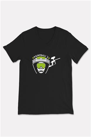 Paintball Baskılı Unisex Siyah V Yaka Tişört