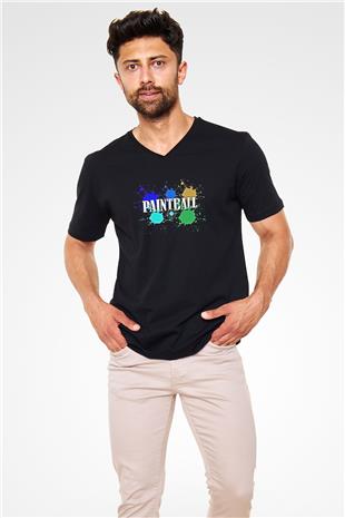 Paintball Baskılı Unisex Siyah V Yaka Tişört