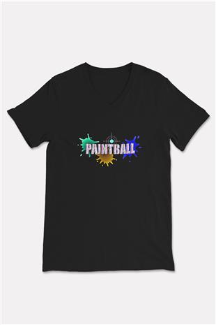 Paintball Baskılı Unisex Siyah V Yaka Tişört