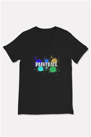 Paintball Baskılı Unisex Siyah V Yaka Tişört