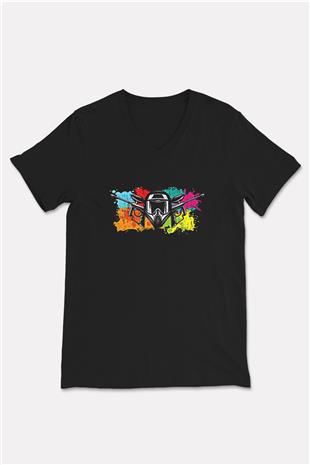 Paintball Baskılı Unisex Siyah V Yaka Tişört