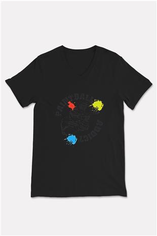 Paintball Baskılı Unisex Siyah V Yaka Tişört