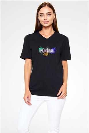 Paintball Baskılı Unisex Siyah V Yaka Tişört