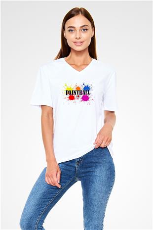 Paintball Baskılı Unisex V Yaka Tişört - Tshirt