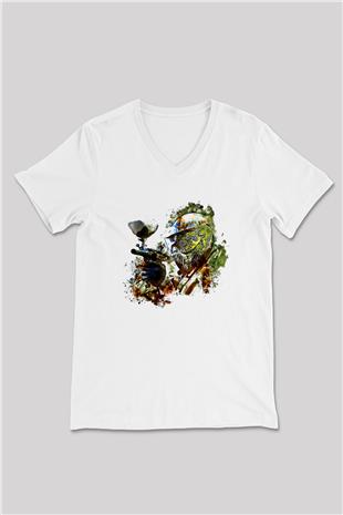 Paintball Baskılı Unisex V Yaka Tişört - Tshirt
