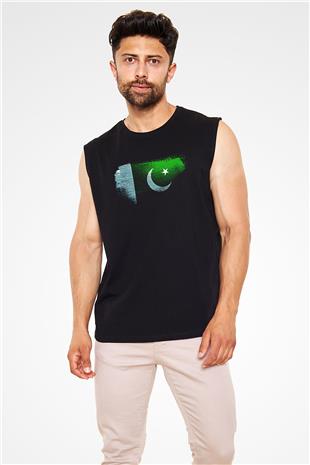 Pakistan Bayrağı Baskılı Unisex Siyah Kolsuz Tişört