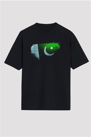 Pakistan Bayrağı Baskılı Unisex Siyah Oversize Tişört