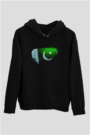 Pakistan Bayrağı Baskılı Unisex Siyah Kapüşonlu Sweatshirt