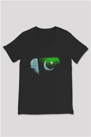 Pakistan Bayrağı Baskılı Unisex Siyah V Yaka Tişört