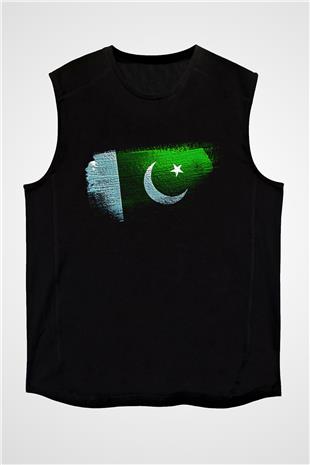 Pakistan Bayrağı Baskılı Unisex Siyah Kolsuz Tişört