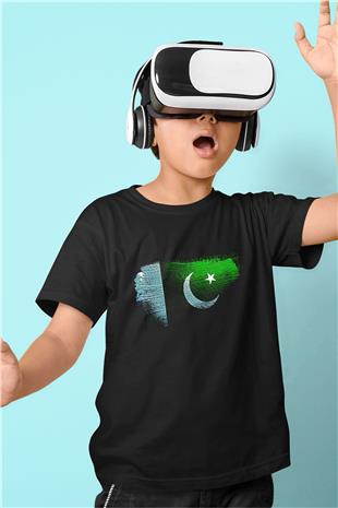 Pakistan Bayrağı Baskılı Unisex Siyah Çocuk Tişörtü