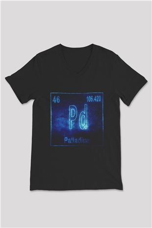 Paladyum Elementi Atom Numarası Baskılı Unisex Siyah V Yaka Tişört